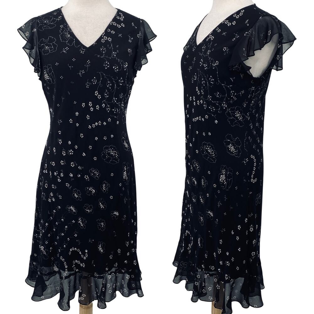Vintage Y2k Beaded Floral Bias Cut Midi Dress Flutter Sleeve Fairy Black Medium